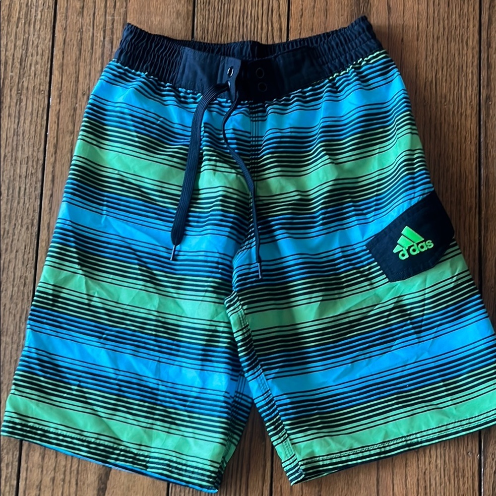 Adidas Kids Striped Blue and Green Swimming Shorts